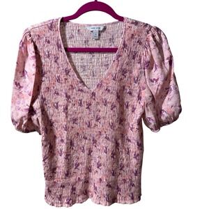 Nine West Smocked Puff Sleeve Pink Floral V Neck Stretch Top Women Size M Spring